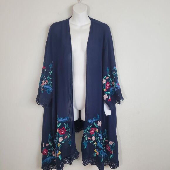 Roaman's Kimono Navy Blue 2X Duster Topper Floral Embroidered Boho Hippie - Picture 1 of 12